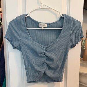 bohme Dusty Blue Ribbed Twist-Front Crop Tee